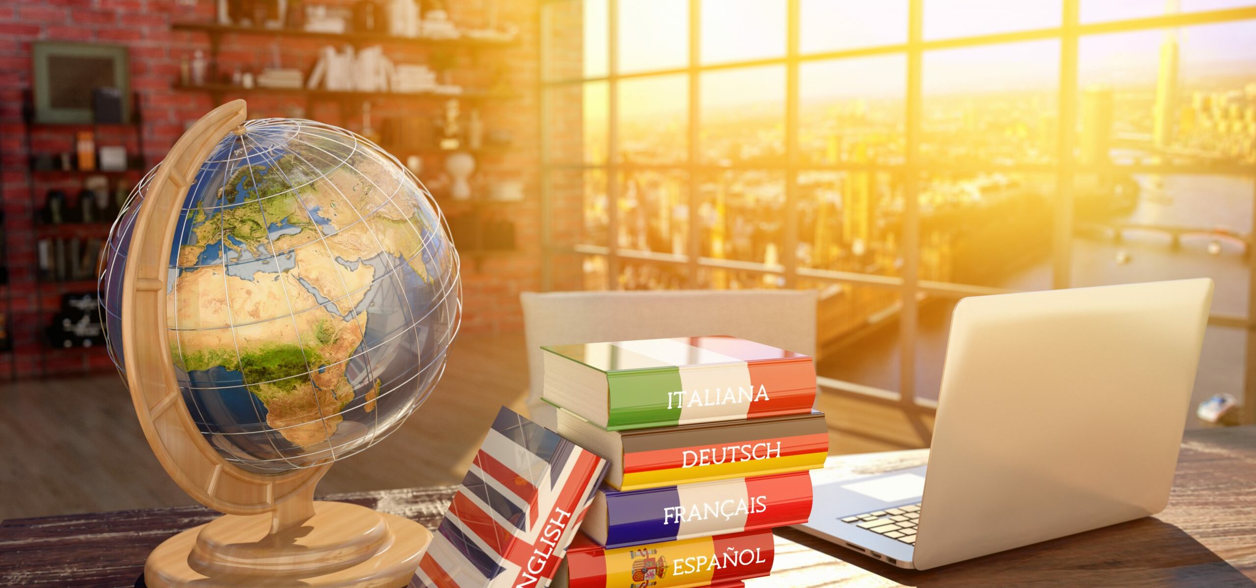 Languages learning and translate, communication and travel concept, books with covers in colors of flags of Europe countries, laptop and globe on a table in a modern interior