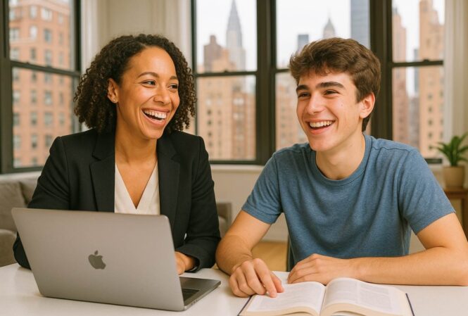 Executive Function Coach vs. Therapist: Key Differences 42 An African American woman in a blazer and a white teenage boy sit at a table, both smiling warmly while the boy works in a textbook in a city apartment.