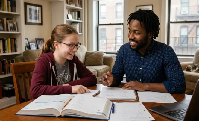Tutor teaching girl math indoors Tutor teaching girl math indoors